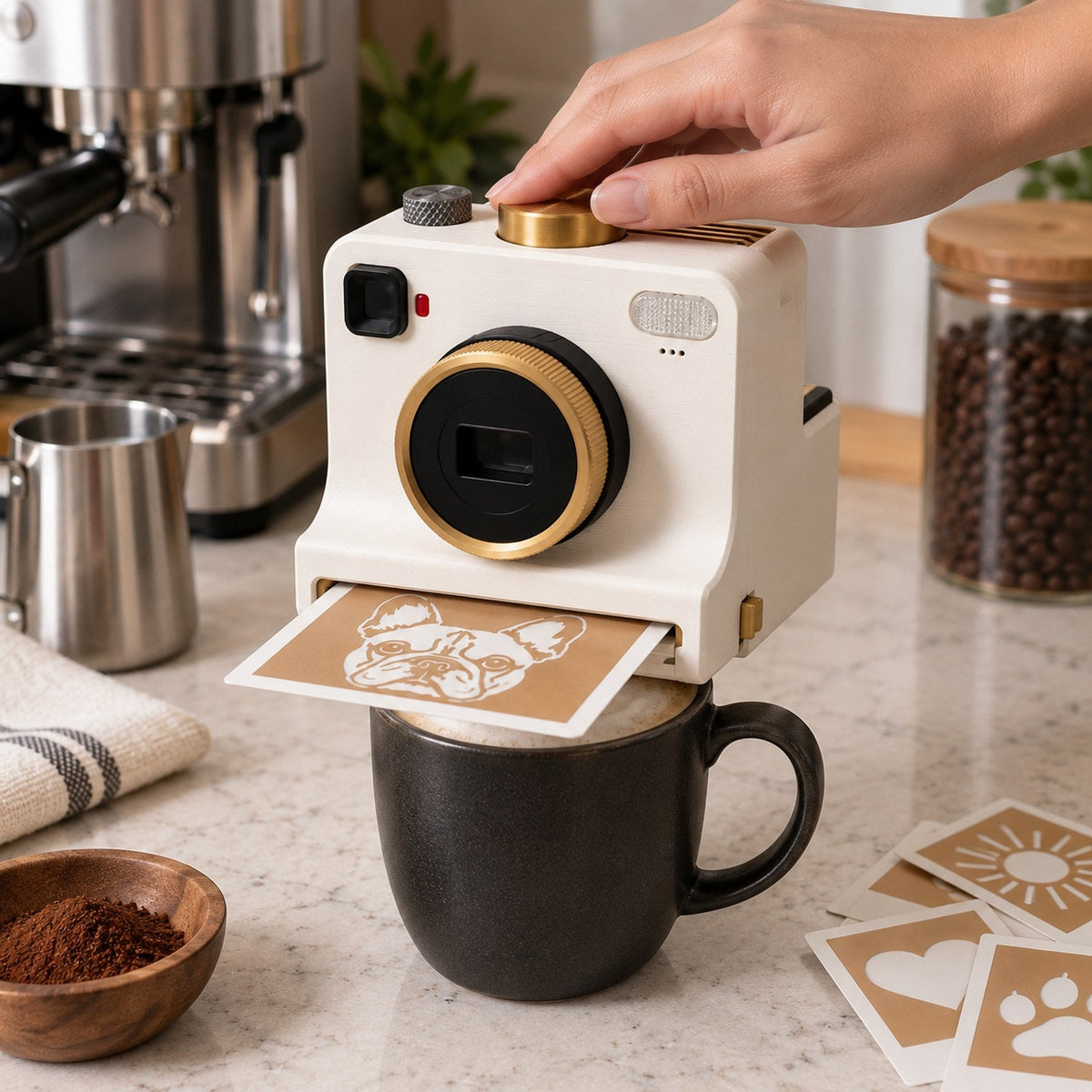 キッチンカウンターでマグカップに絵柄を描くLATTECAM